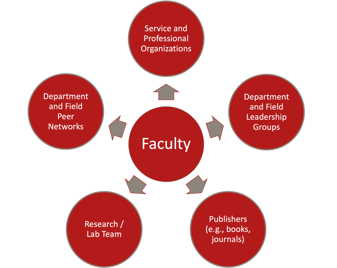 Faculty at the center with arrows pointing out to the following: Service and Professional Organizations Department and Field Leadership Groups Publishers (e.g., book, journals) Research / Lab Team Department and Field Peer Networks